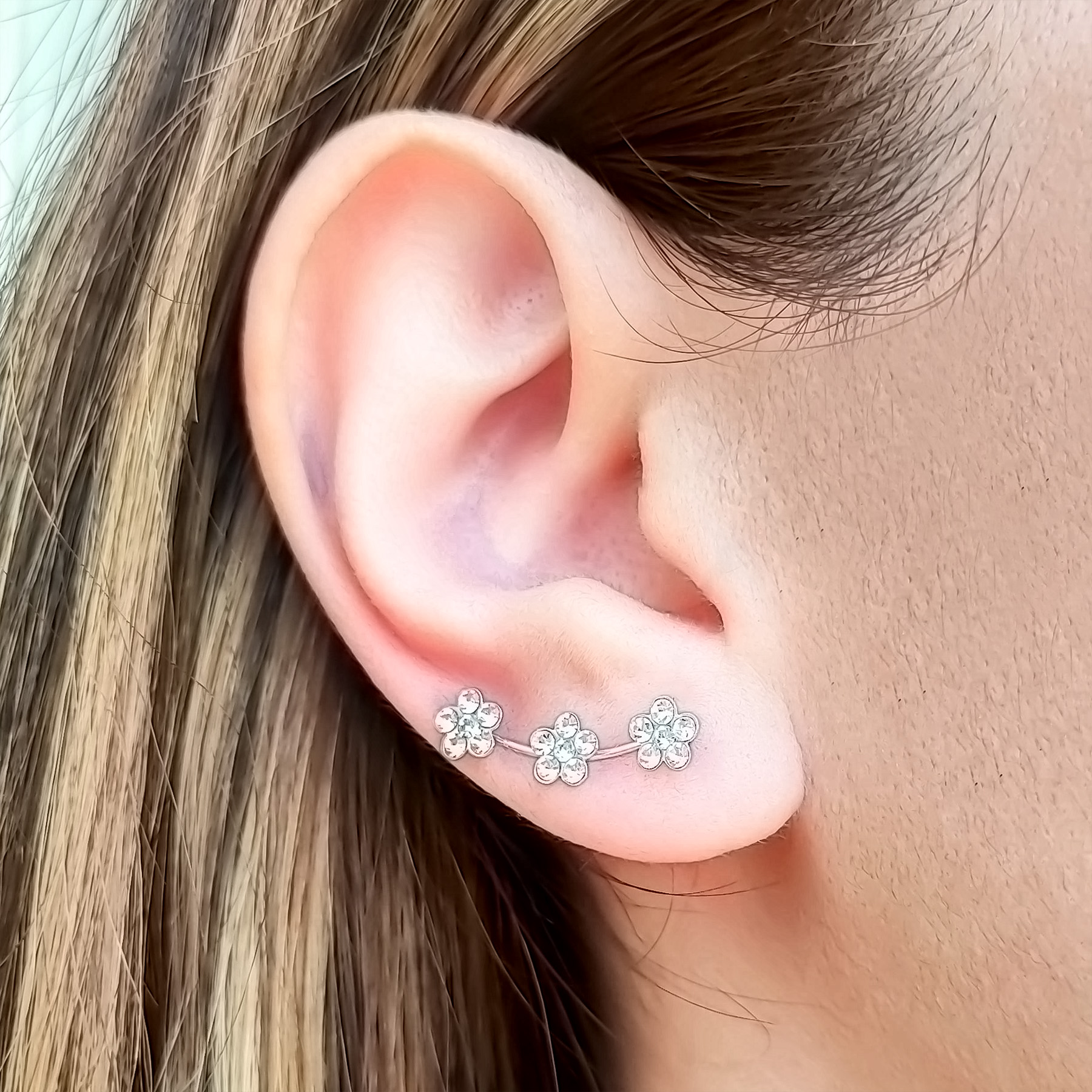 AROS ANDREA COGGIOLA JOYAS TREPADORES 3 FLORES CRISTAL PLATA FINA 925 - 3