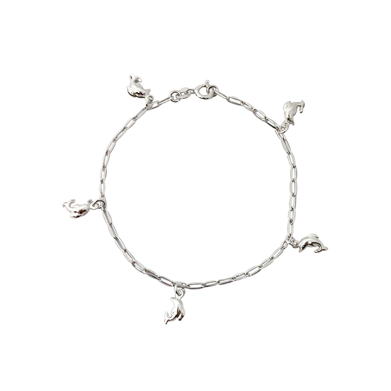 PULSERA ANDREA COGGIOLA JOYAS 5 DELFINES CADENA ESLABÓN ALARGADO PLATA FINA 925 - 1