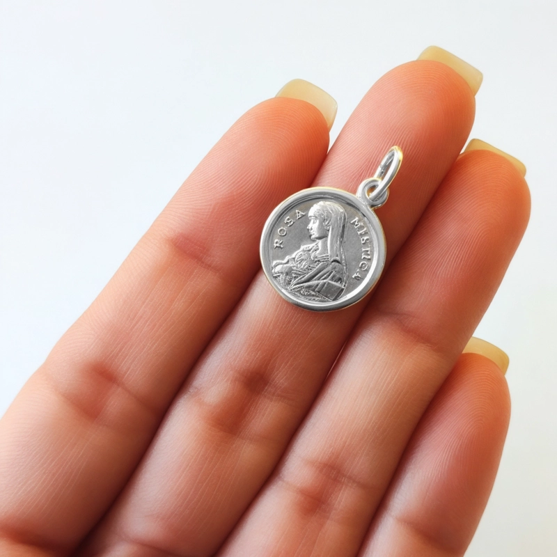 COLGANTE MEDALLA VIRGEN ROSA MISTICA 16MM PLATA FINA 925 - 2