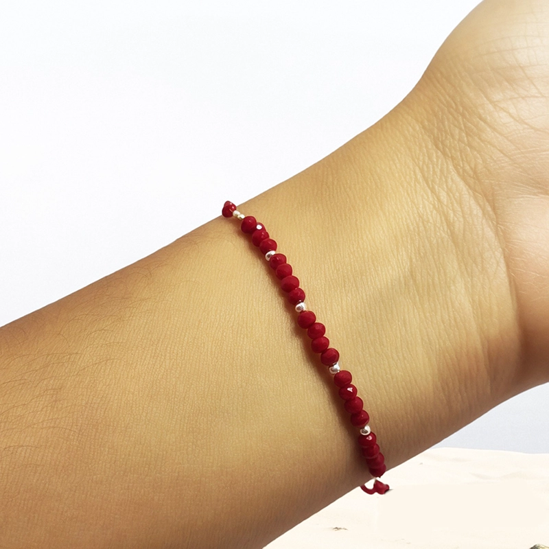 PULSERA ANDREA COGGIOLA JOYAS CRISTAL CORDÓN ROJO BOLITAS PLATA FINA 925 - 2