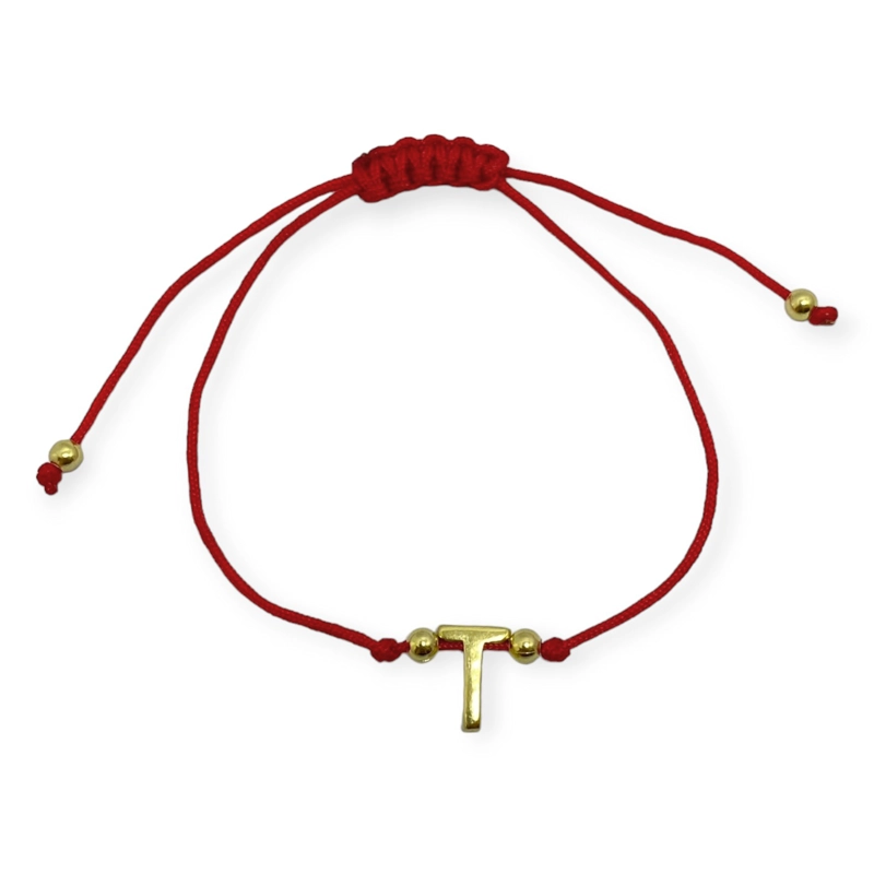 PULSERA ANDREA COGGIOLA JOYAS LETRA T CORDÓN ROJO ENCHAPADO ORO 18K - 1