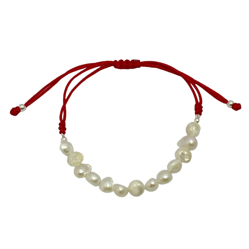 PULSERA ANDREA COGGIOLA JOYAS PERLAS DE RÍO CORDÓN ROJO PLATA FINA 925 - 1