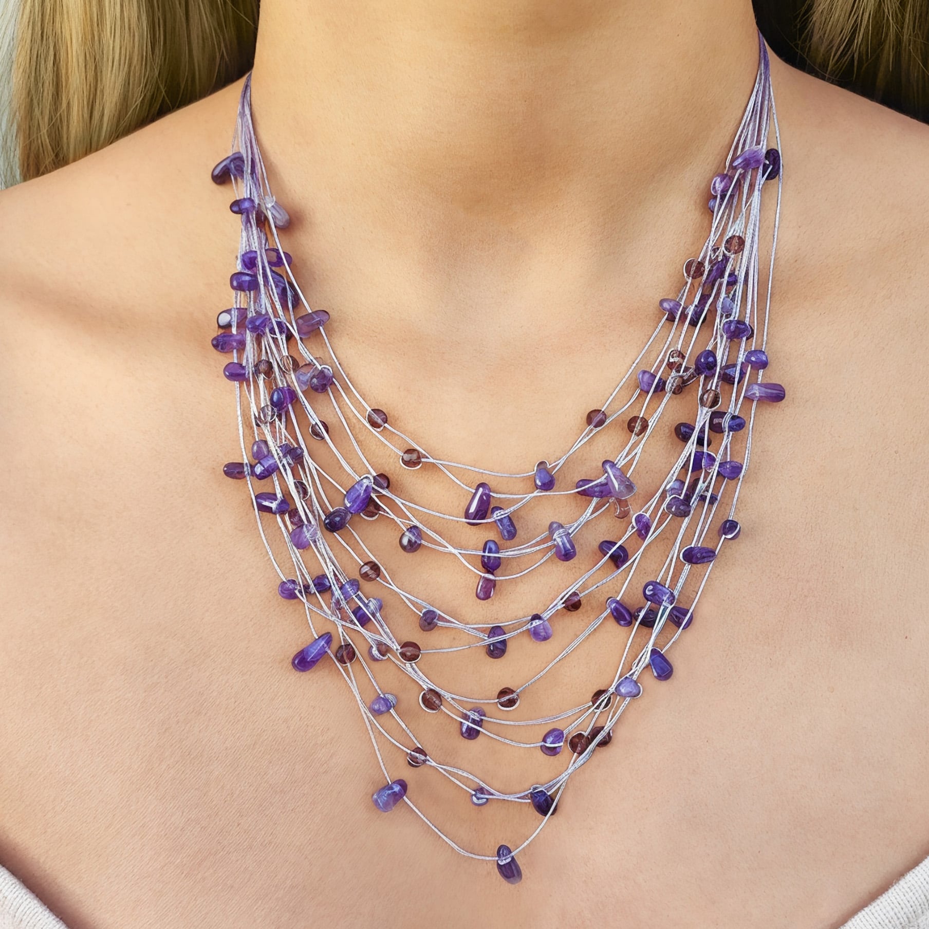 COLLAR ANDREA COGGIOLA JOYAS PLATA CHIPS AMATISTA Y CRISTALES HILO DE SEDA - 2