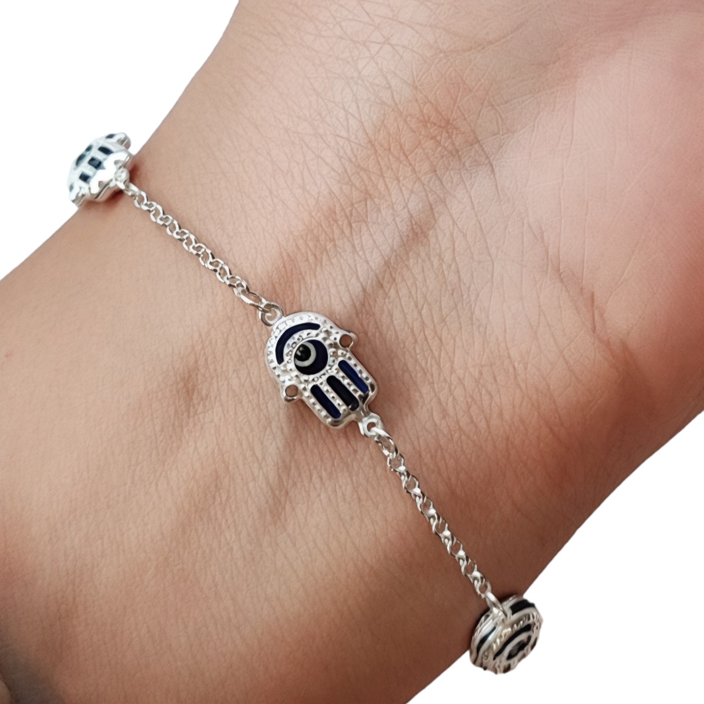 PULSERA ANDREA COGGIOLA JOYAS MANO FÁTIMA CRISTAL AZUL CADENA PLATA FINA 925 - 2