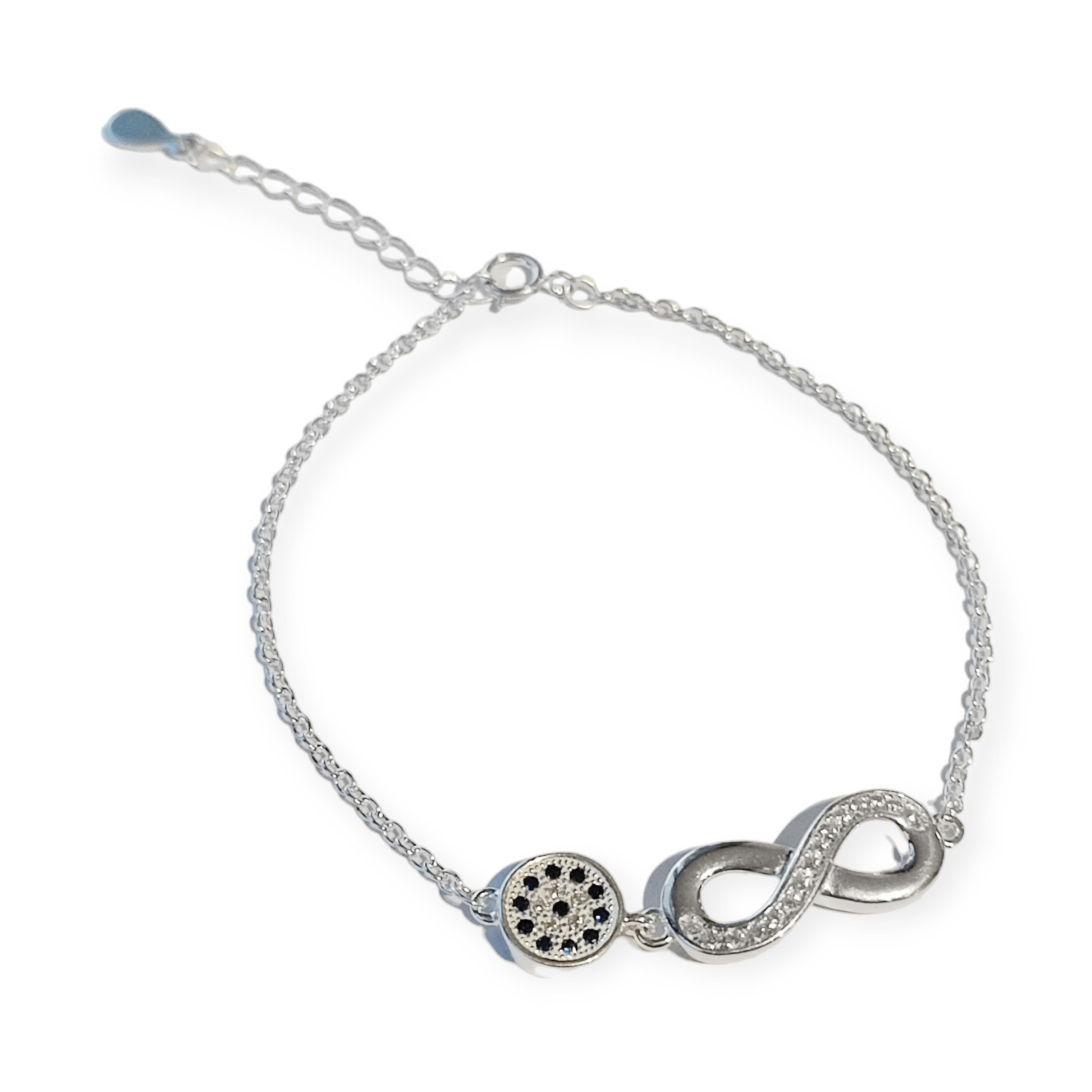 PULSERA ANDREA COGGIOLA JOYAS OJO TURCO INFINITO CIRCÓN BLANCO PLATA FINA 925 - 1
