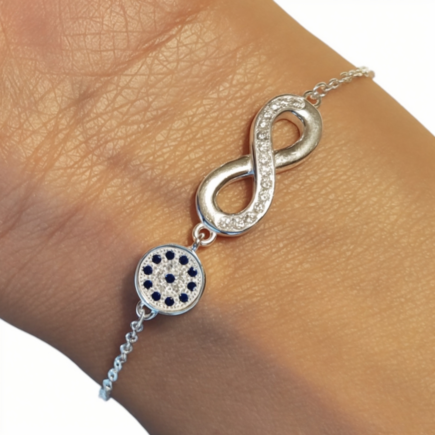 PULSERA ANDREA COGGIOLA JOYAS OJO TURCO INFINITO CIRCÓN BLANCO PLATA FINA 925 - 2