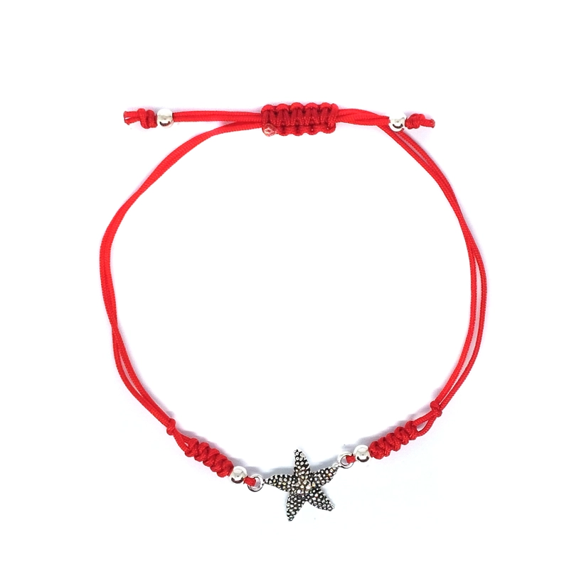 PULSERA ANDREA COGGIOLA JOYAS ESTRELLA DE MAR PLATA FINA 925 ENVEJECIDA CORDÓN ROJO - 1