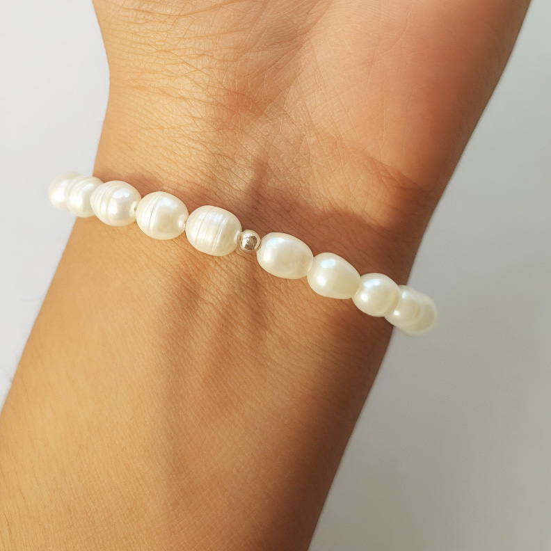 PULSERA ANDREA COGGIOLA JOYAS PERLAS DE RÍO NATURALES BOLITA PLATA FINA 925 ELÁSTICADA - 3