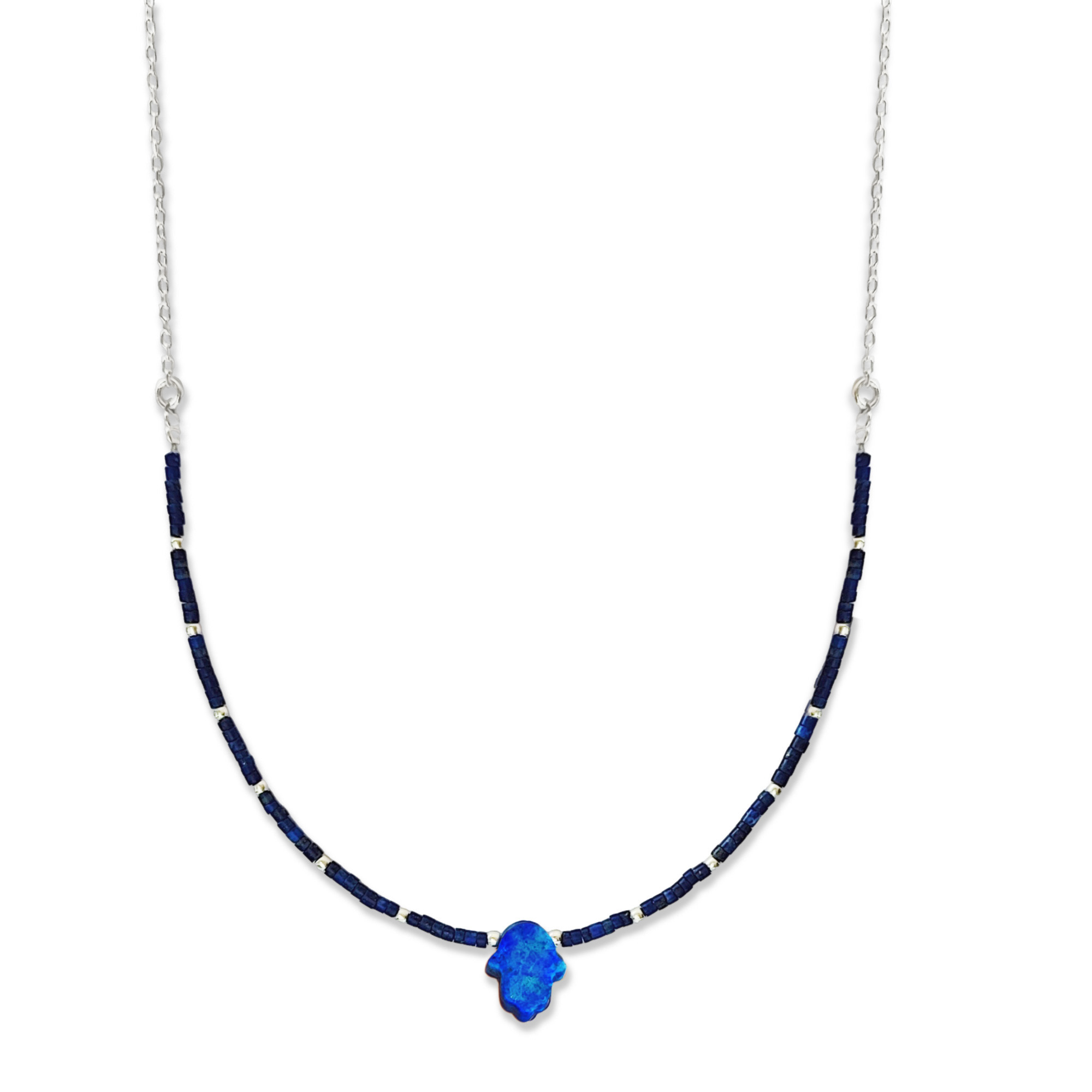 COLLAR ANDREA COGGIOLA JOYAS PLATA FINA 925 MOSTACILLA LAPISLÁZULI MANO FÁTIMA - 1