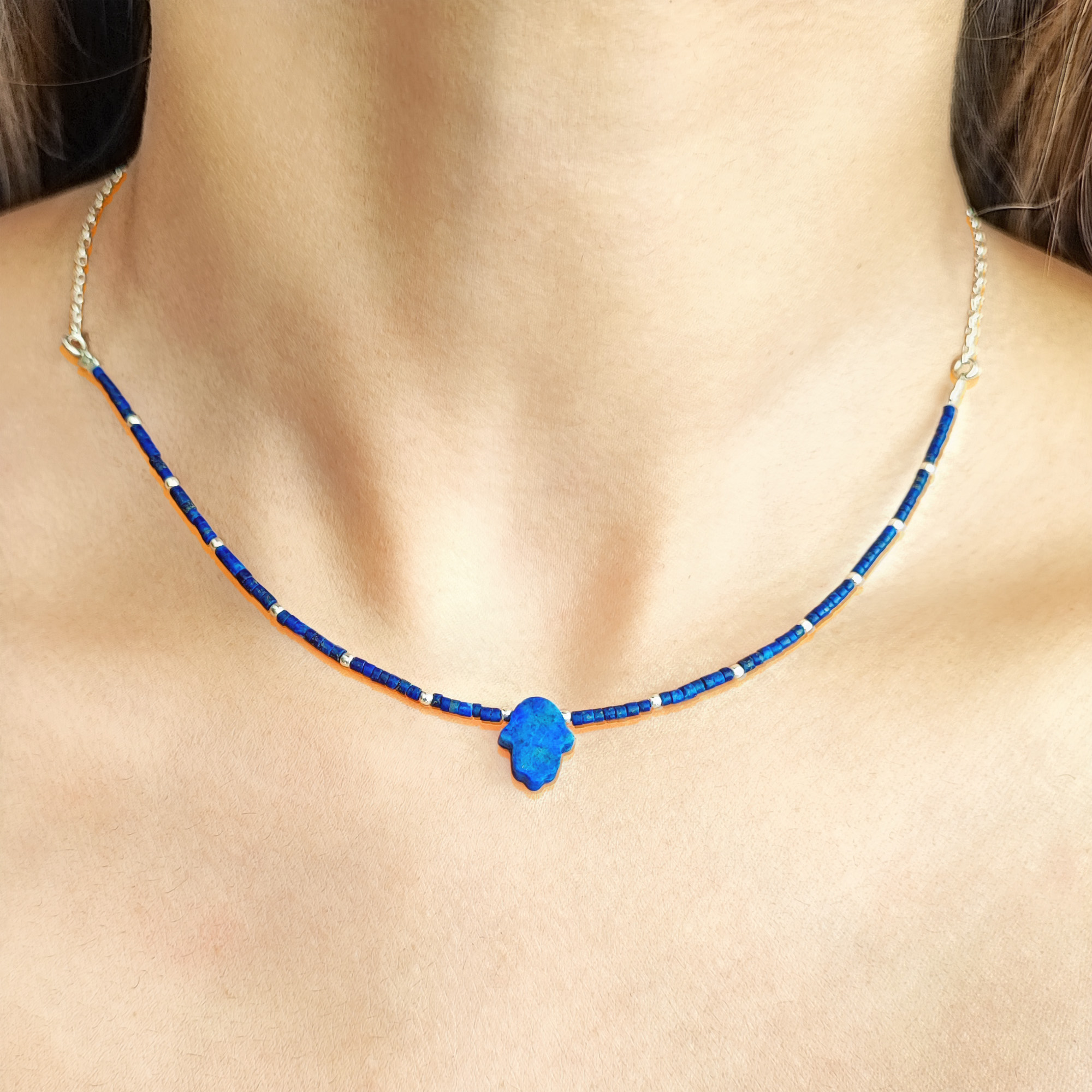 COLLAR ANDREA COGGIOLA JOYAS PLATA FINA 925 MOSTACILLA LAPISLÁZULI MANO FÁTIMA - 3