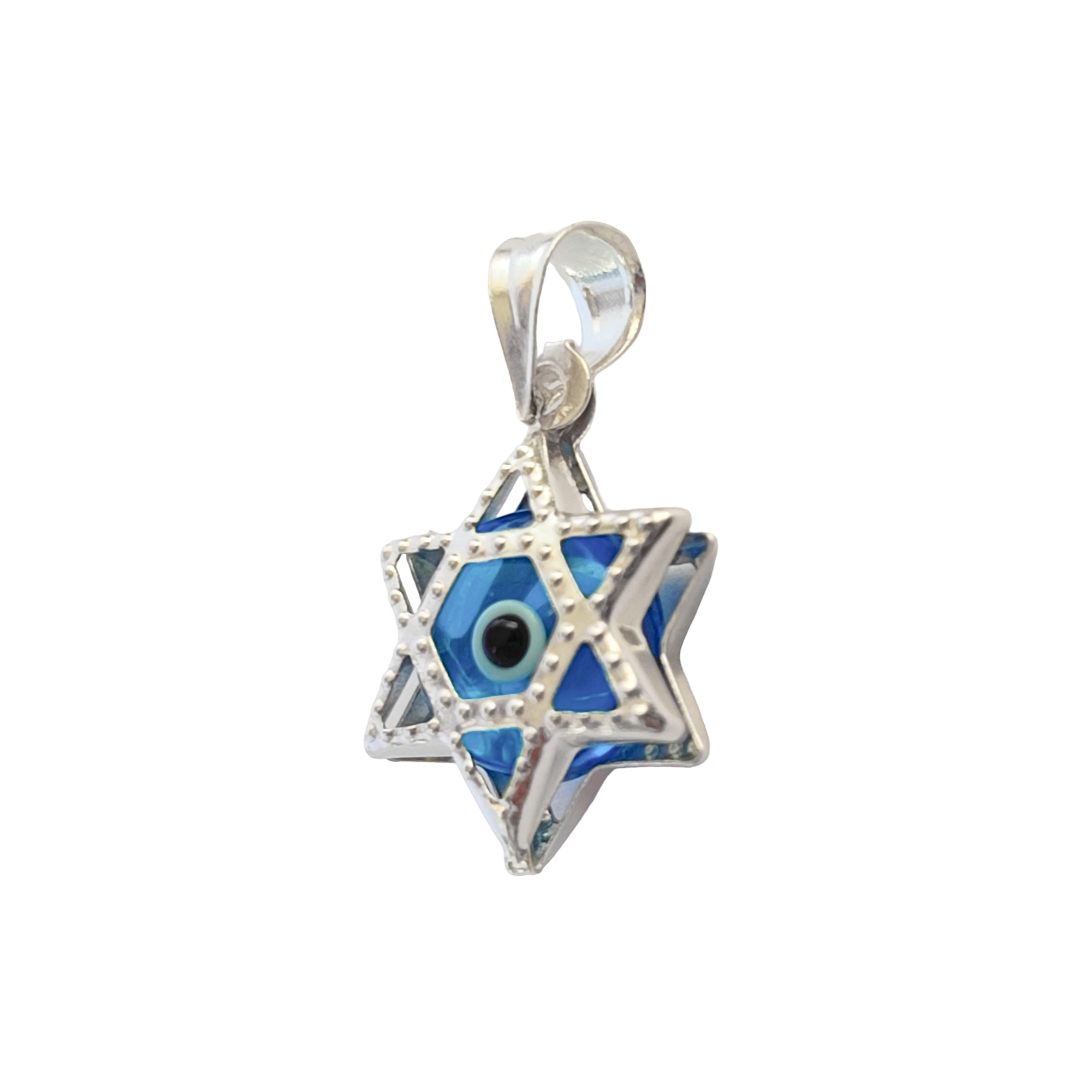 COLGANTE ESTRELLA DE DAVID OJO TURCO CRISTAL CELESTE PLATA FINA 925 - 1
