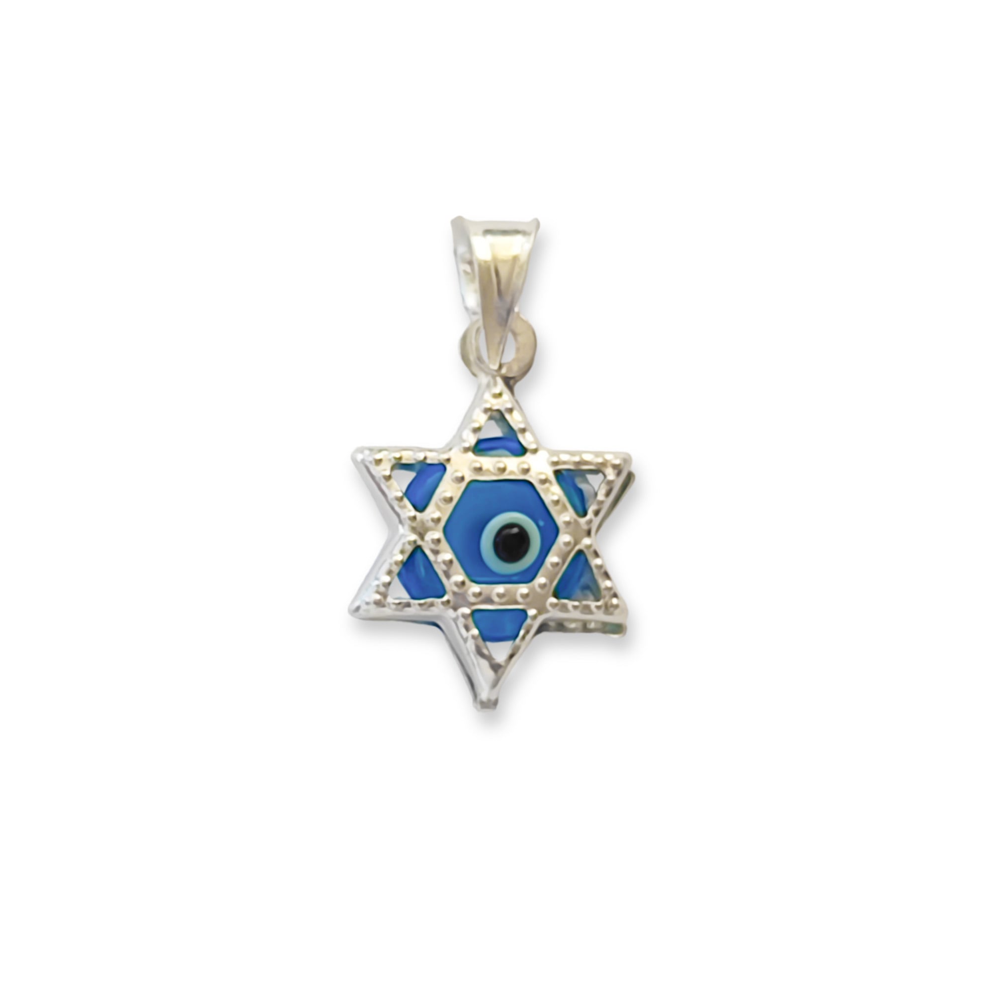 COLGANTE ESTRELLA DE DAVID OJO TURCO CRISTAL CELESTE PLATA FINA 925 - 2