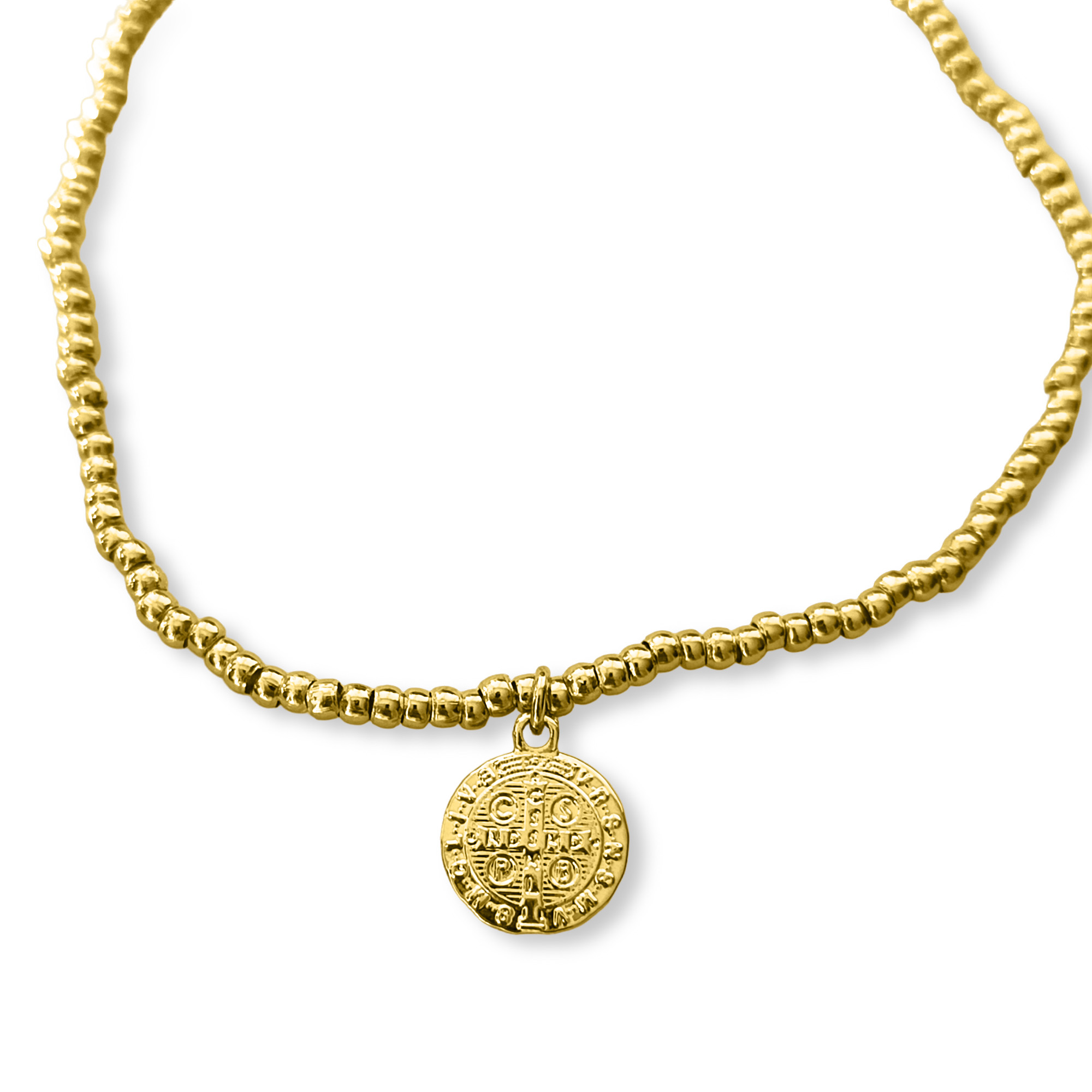 PULSERA ANDREA COGGIOLA JOYAS BOLITAS MEDALLA SAN BENITO ENCHAPADO ORO 18K ELÁSTICADA - 2
