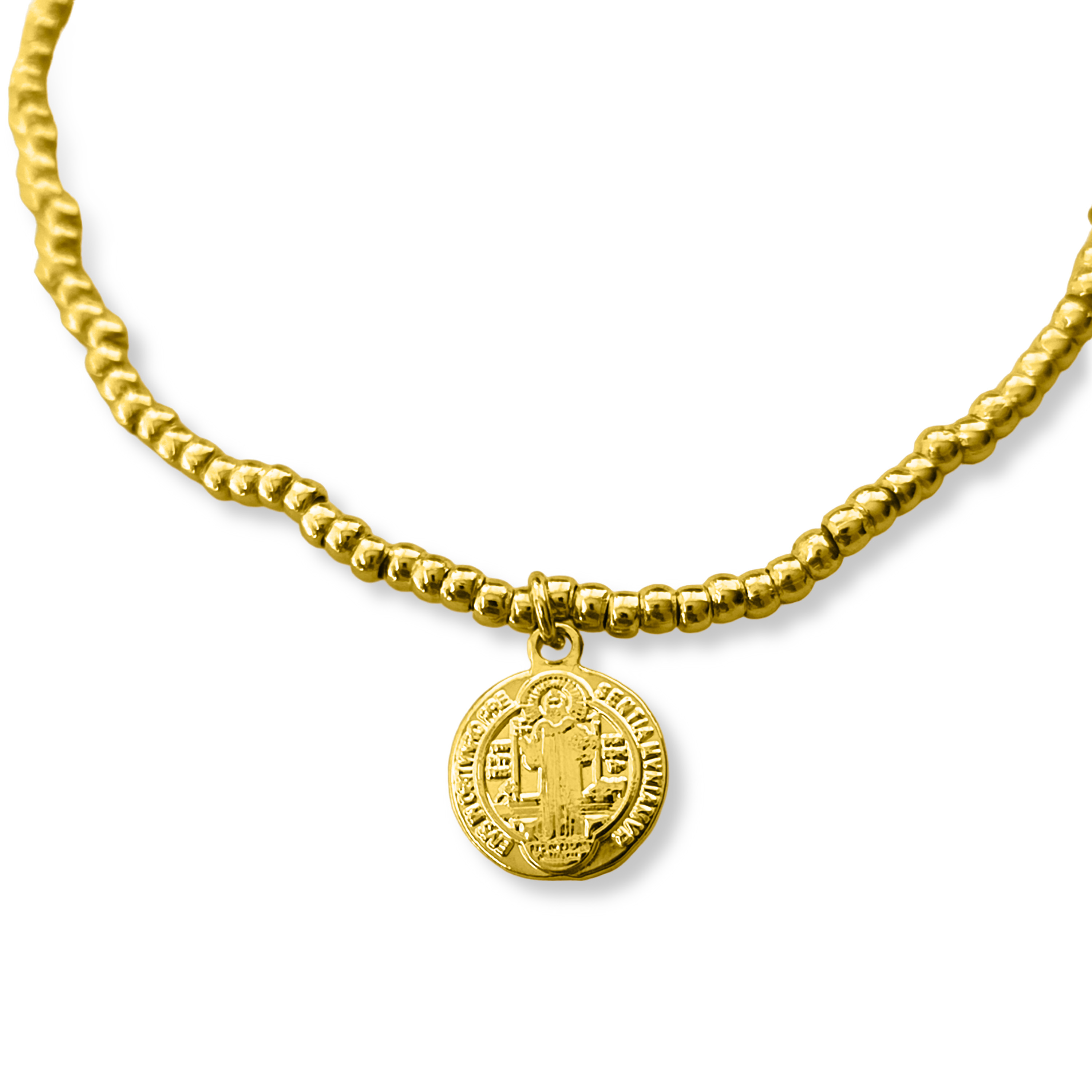 PULSERA ANDREA COGGIOLA JOYAS BOLITAS MEDALLA SAN BENITO ENCHAPADO ORO 18K ELÁSTICADA - 3