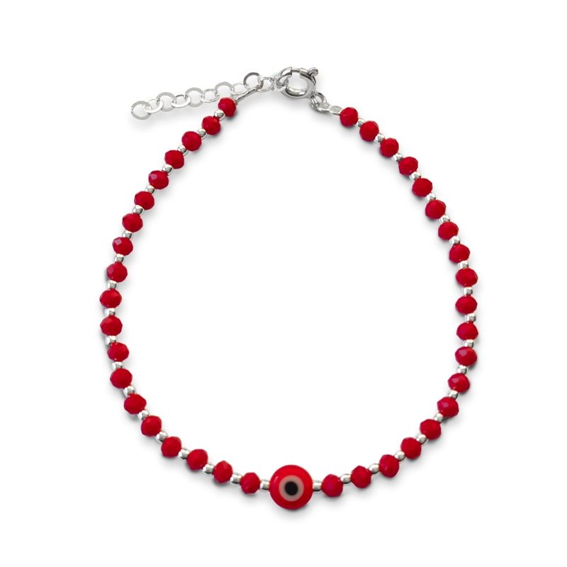 PULSERA ANDREA COGGIOLA JOYAS OJO TURCO CRISTAL ROJO BOLITAS PLATA FINA 925 - 1
