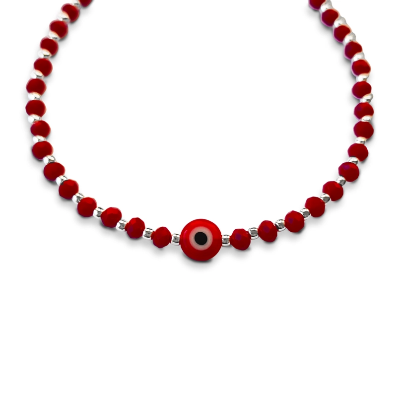 PULSERA ANDREA COGGIOLA JOYAS OJO TURCO CRISTAL ROJO BOLITAS PLATA FINA 925 - 2