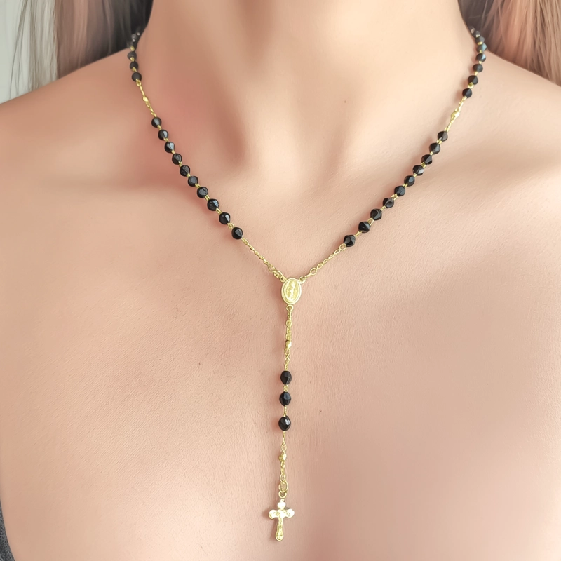 COLLAR ROSARIO CRISTALES EN COLOR NEGROS ENCHAPADO ORO 18K - 3