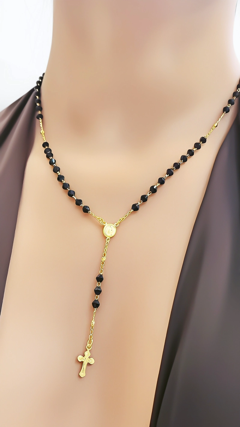 COLLAR ROSARIO CRISTALES EN COLOR NEGROS ENCHAPADO ORO 18K - 4