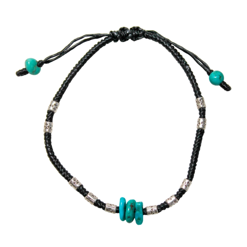 PULSERA TURQUESA CORDÓN EN COLOR NEGRO MOSTACILLA PLATA FINA 925 - 1