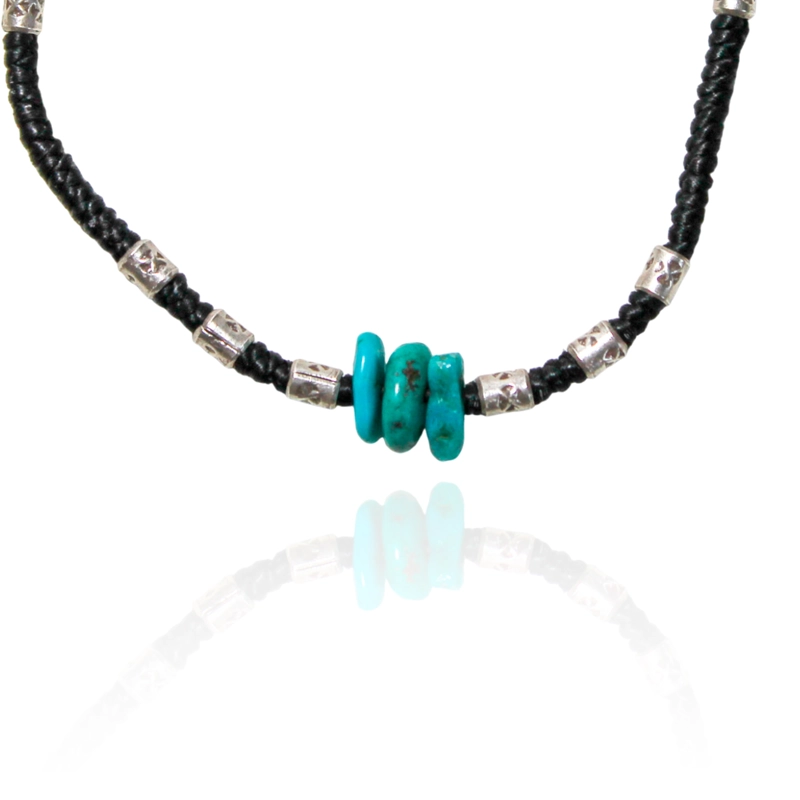 PULSERA TURQUESA CORDÓN EN COLOR NEGRO MOSTACILLA PLATA FINA 925 - 2