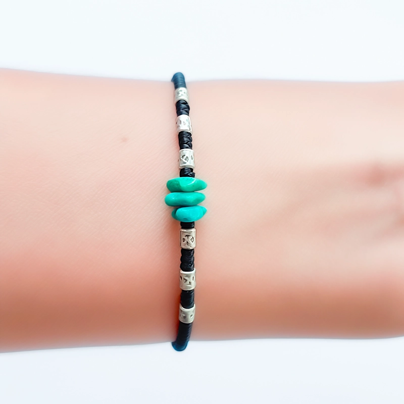 PULSERA TURQUESA CORDÓN EN COLOR NEGRO MOSTACILLA PLATA FINA 925 - 4