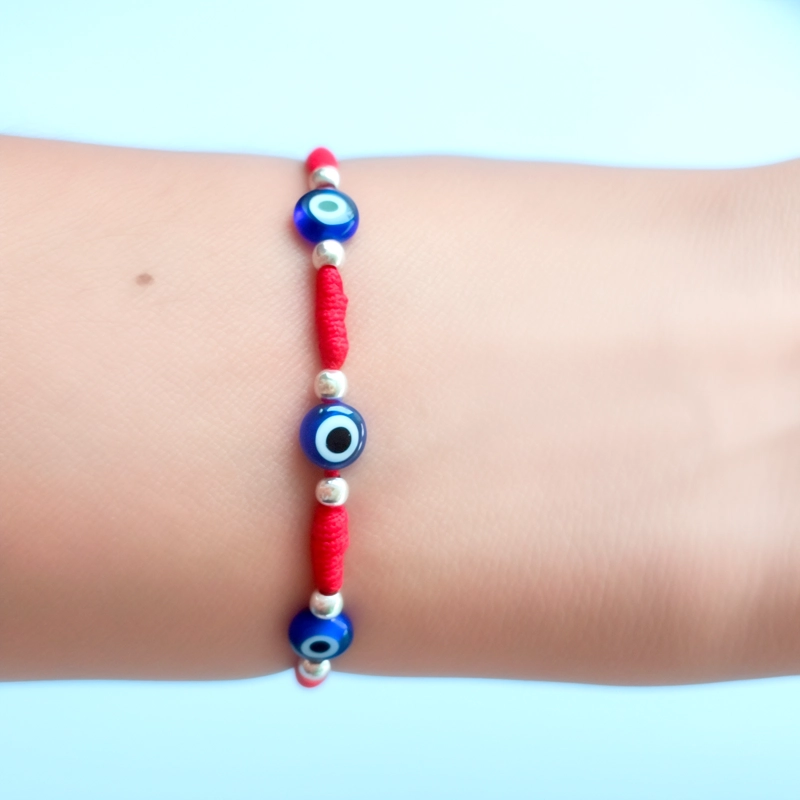 PULSERA OJOS TURCOS CORDÓN EN COLOR ROJO PLATA FINA 925 - 4