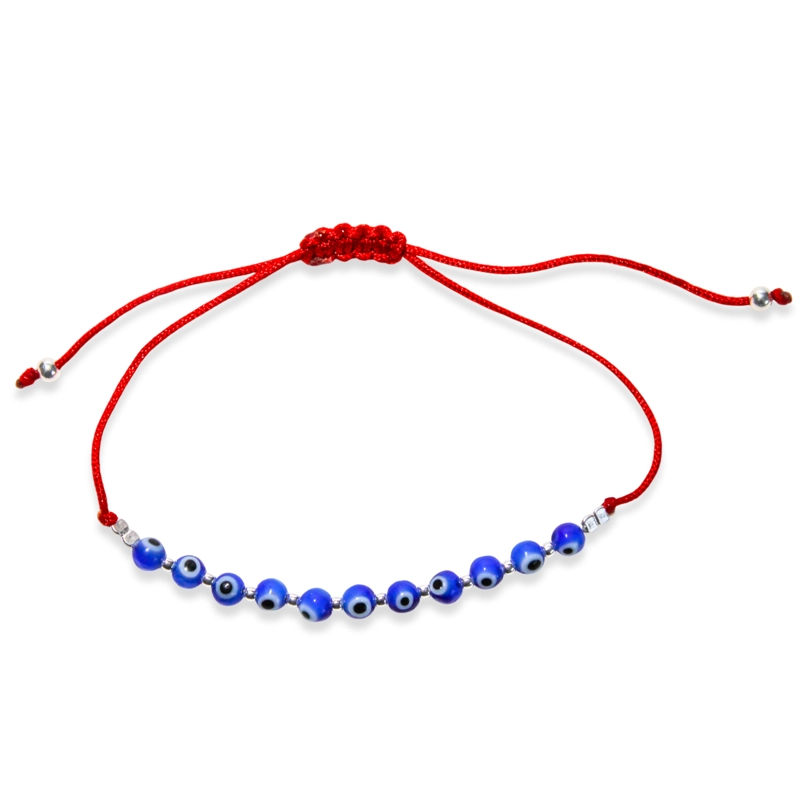 PULSERA OJOS TURCOS BOLITAS CORDÓN EN COLOR ROJO PLATA FINA 925 - 1