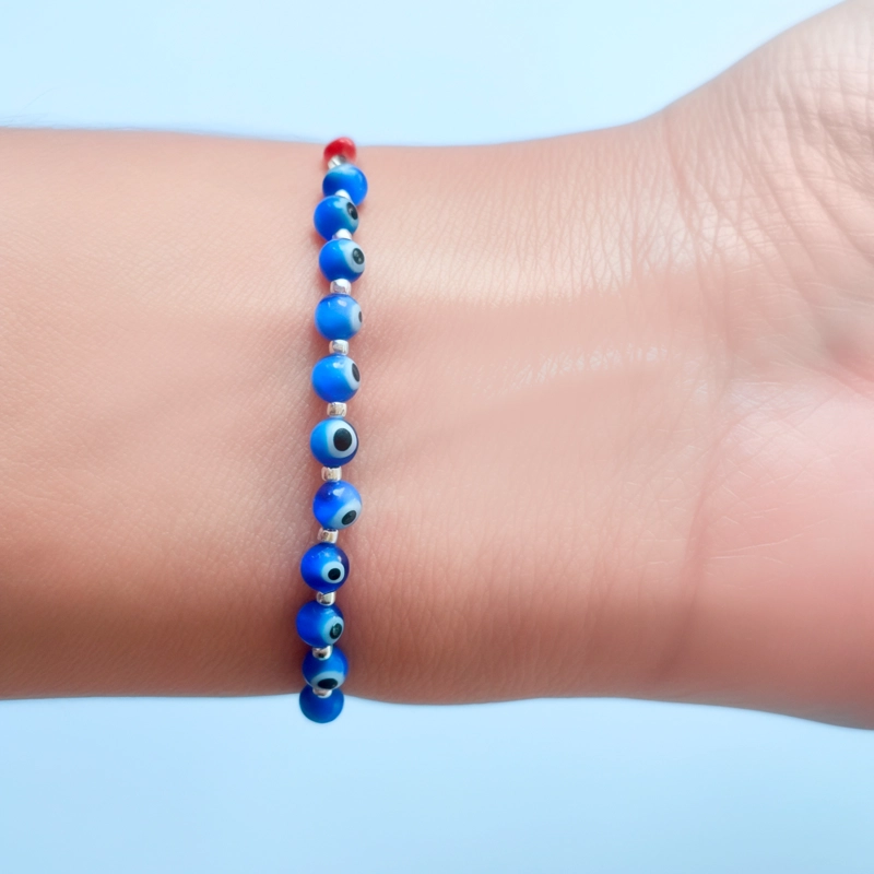 PULSERA OJOS TURCOS BOLITAS CORDÓN EN COLOR ROJO PLATA FINA 925 - 4