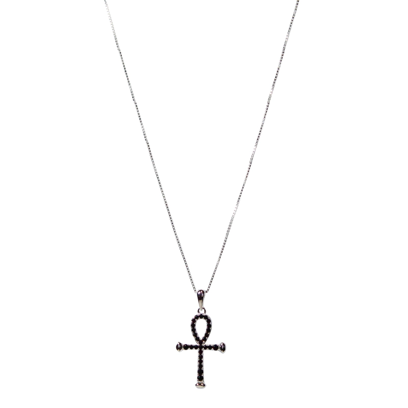 COLLAR CRUZ ANKH CIRCÓN EN COLOR NEGRO PLATA FINA 925 - 1