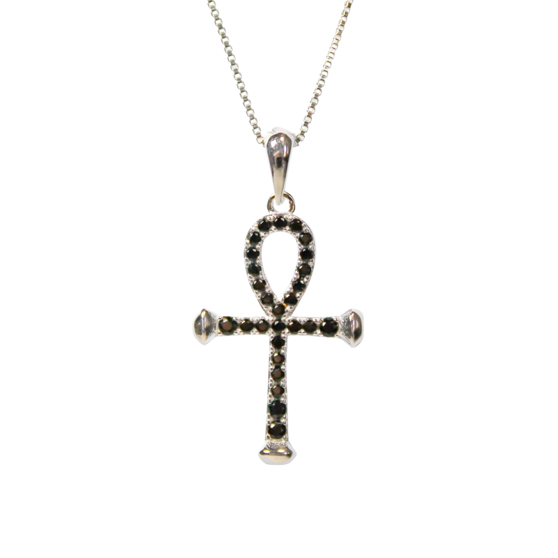 COLLAR CRUZ ANKH CIRCÓN EN COLOR NEGRO PLATA FINA 925 - 2