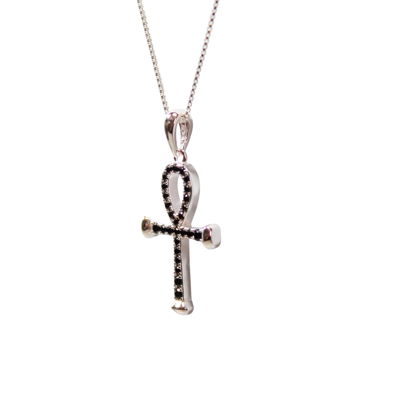 COLLAR CRUZ ANKH CIRCÓN EN COLOR NEGRO PLATA FINA 925 - 3