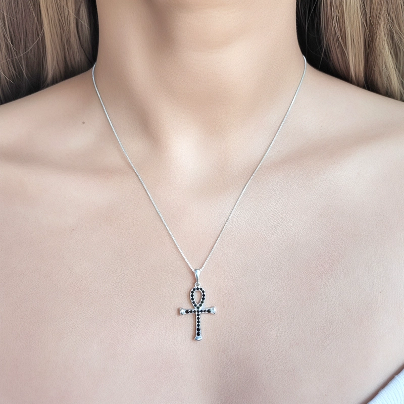 COLLAR CRUZ ANKH CIRCÓN EN COLOR NEGRO PLATA FINA 925 - 5