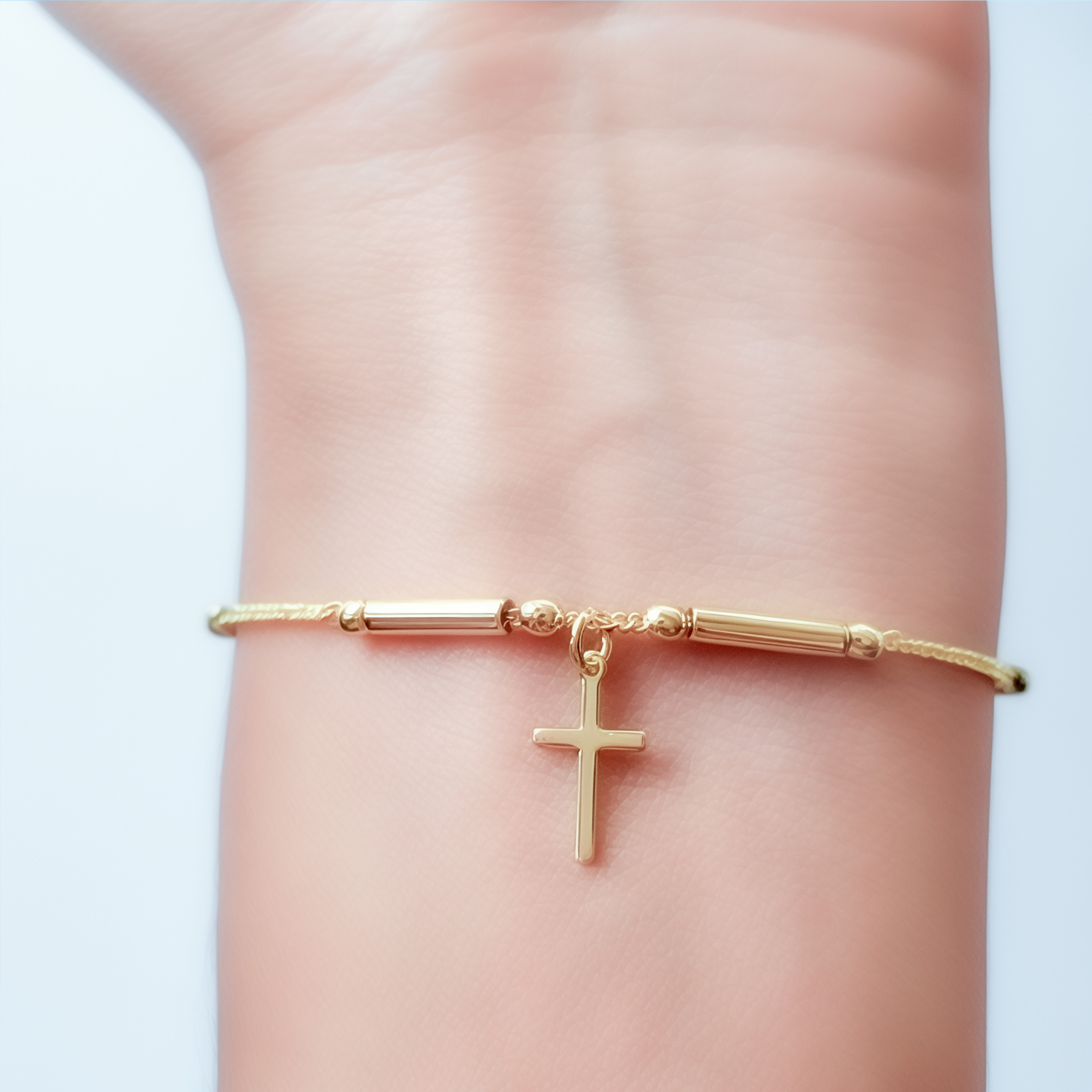 PULSERA CADENA ESLABON TUBO CRUZ ENCHAPADO ORO 18K - 4
