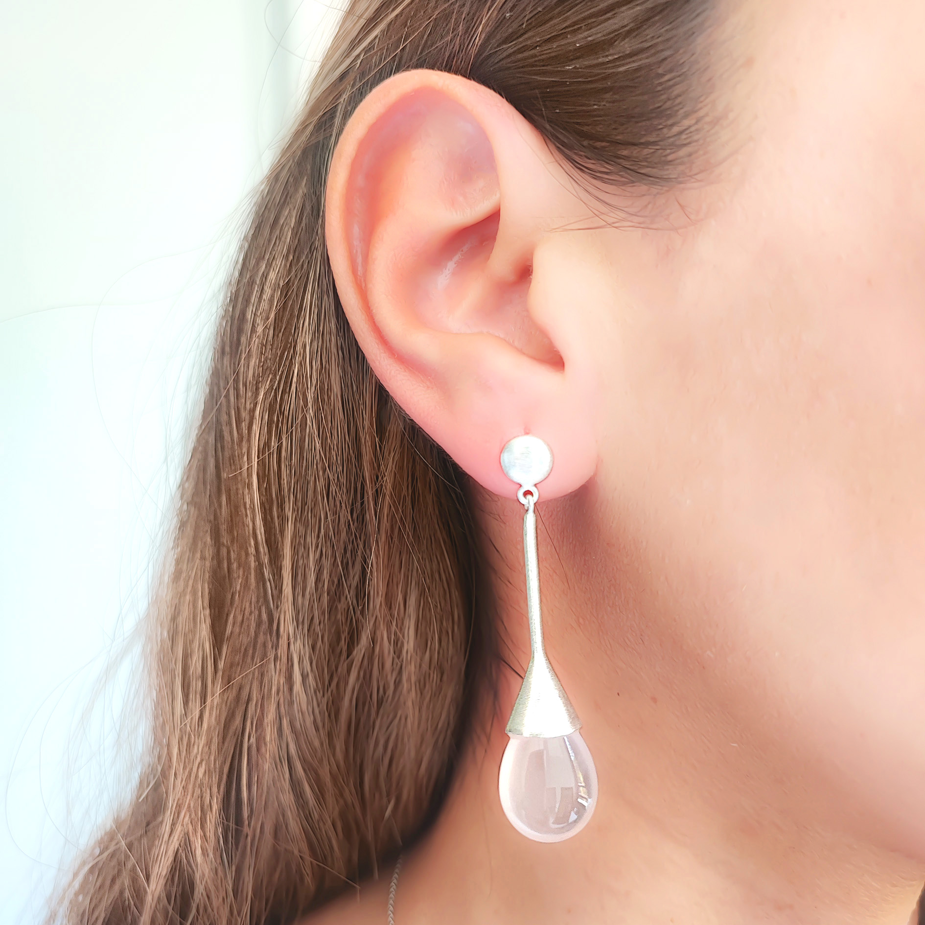 AROS CUARZO ROSADO GOTA PLATA FINA 925 SATINADO - 3