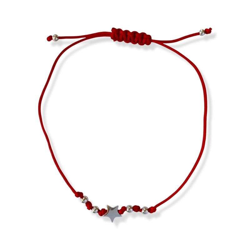 PULSERA ESTRELLA BOLITAS PLATA FINA 925 CORDÓN EN COLOR ROJO - 1