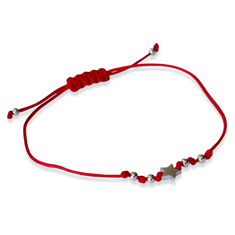 PULSERA ESTRELLA BOLITAS PLATA FINA 925 CORDÓN EN COLOR ROJO - 2