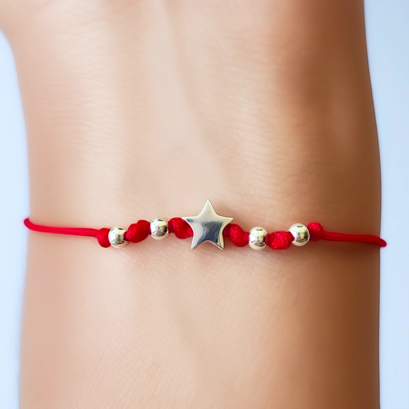 PULSERA ESTRELLA BOLITAS PLATA FINA 925 CORDÓN EN COLOR ROJO - 3