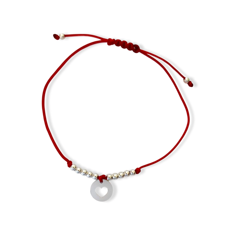 PULSERA CÍRCULO CORAZÓN BOLITAS PLATA FINA 925 CORDÓN EN COLOR ROJO - 1