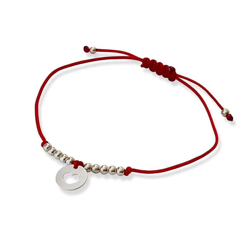 PULSERA CÍRCULO CORAZÓN BOLITAS PLATA FINA 925 CORDÓN EN COLOR ROJO - 2
