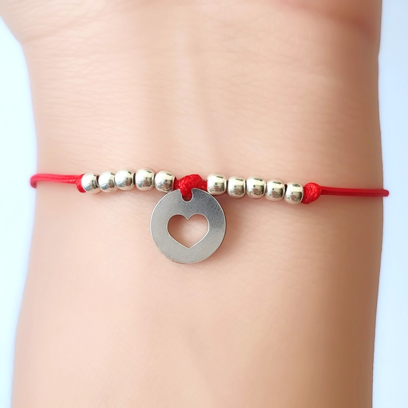 PULSERA CÍRCULO CORAZÓN BOLITAS PLATA FINA 925 CORDÓN EN COLOR ROJO - 3