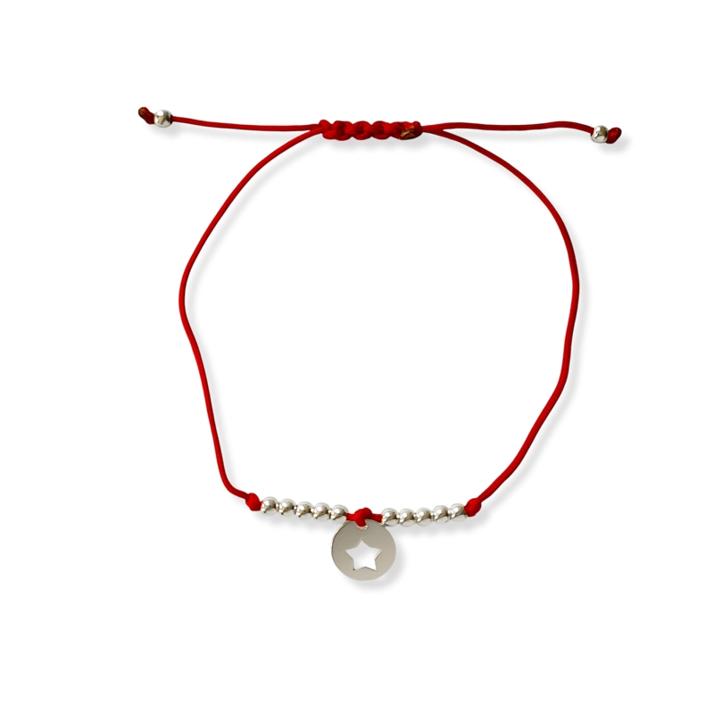 PULSERA CÍRCULO ESTRELLA BOLITAS PLATA FINA 925 CORDÓN EN COLOR ROJO - 1