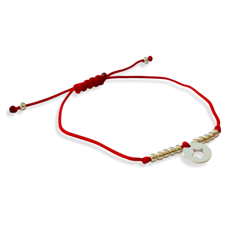 PULSERA CÍRCULO ESTRELLA BOLITAS PLATA FINA 925 CORDÓN EN COLOR ROJO - 2
