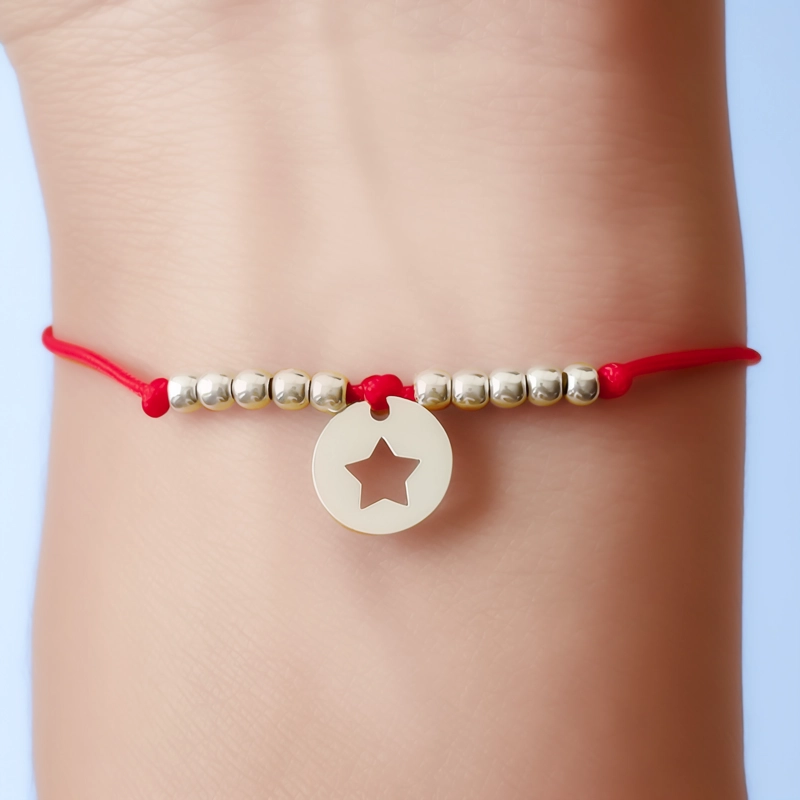 PULSERA CÍRCULO ESTRELLA BOLITAS PLATA FINA 925 CORDÓN EN COLOR ROJO - 3