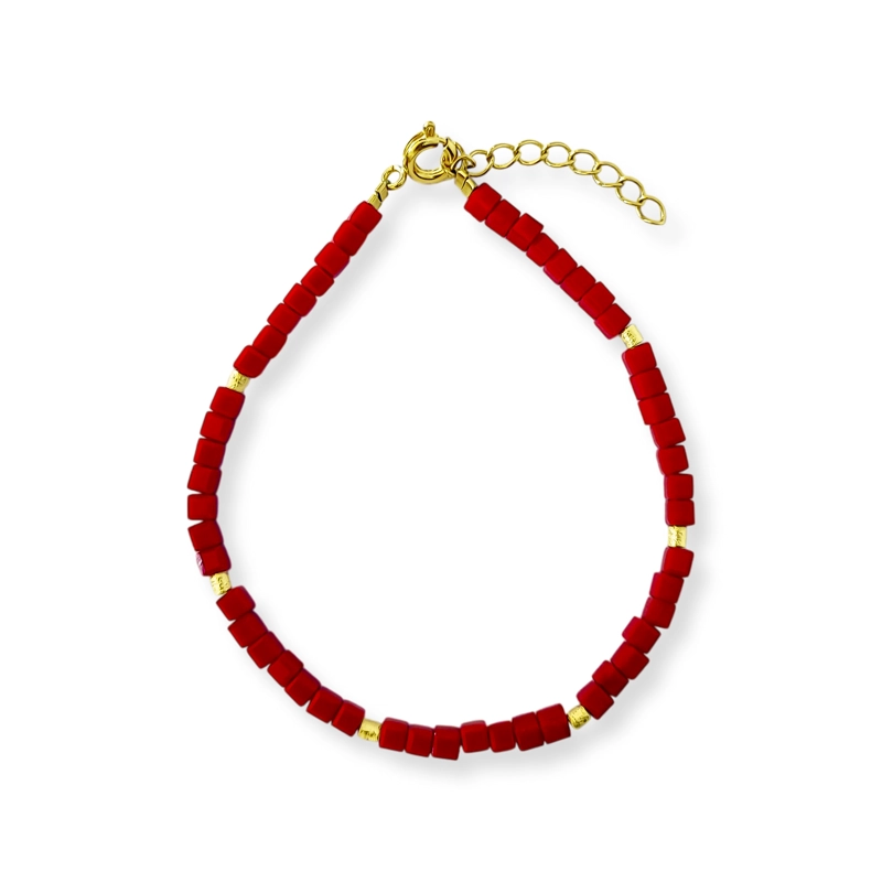 PULSERA CUBO CRISTAL EN COLOR ROJO MOSTACILLA ENCHAPADO ORO 18K - 1