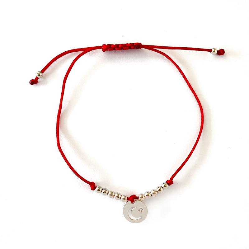 PULSERA CÍRCULO LUNA ESTRELLA BOLITAS PLATA FINA 925 CORDÓN EN COLOR ROJO - 1