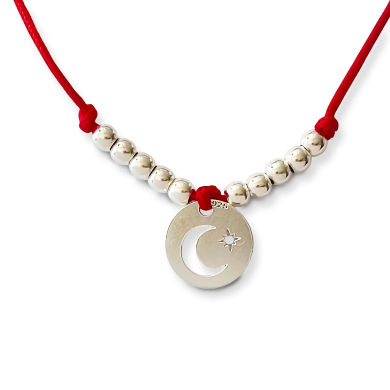 PULSERA CÍRCULO LUNA ESTRELLA BOLITAS PLATA FINA 925 CORDÓN EN COLOR ROJO - 2