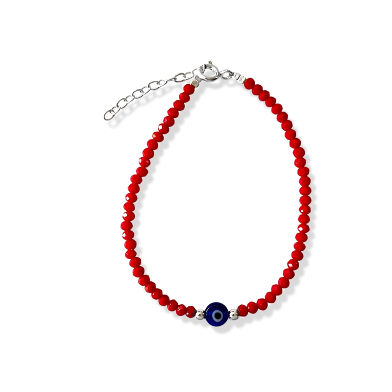 PULSERA OJO TURCO AZUL CRISTAL EN COLOR ROJO PLATA FINA 925 - 1