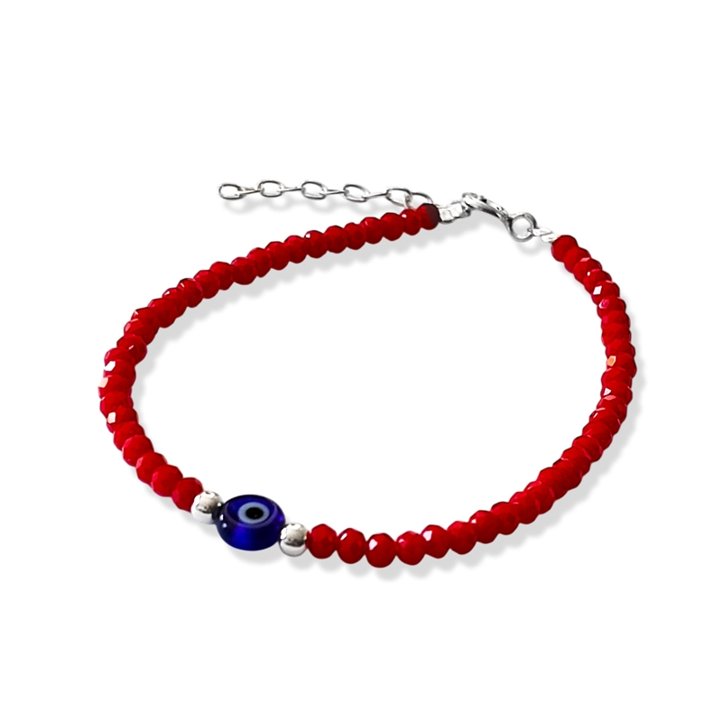 PULSERA OJO TURCO AZUL CRISTAL EN COLOR ROJO PLATA FINA 925 - 2