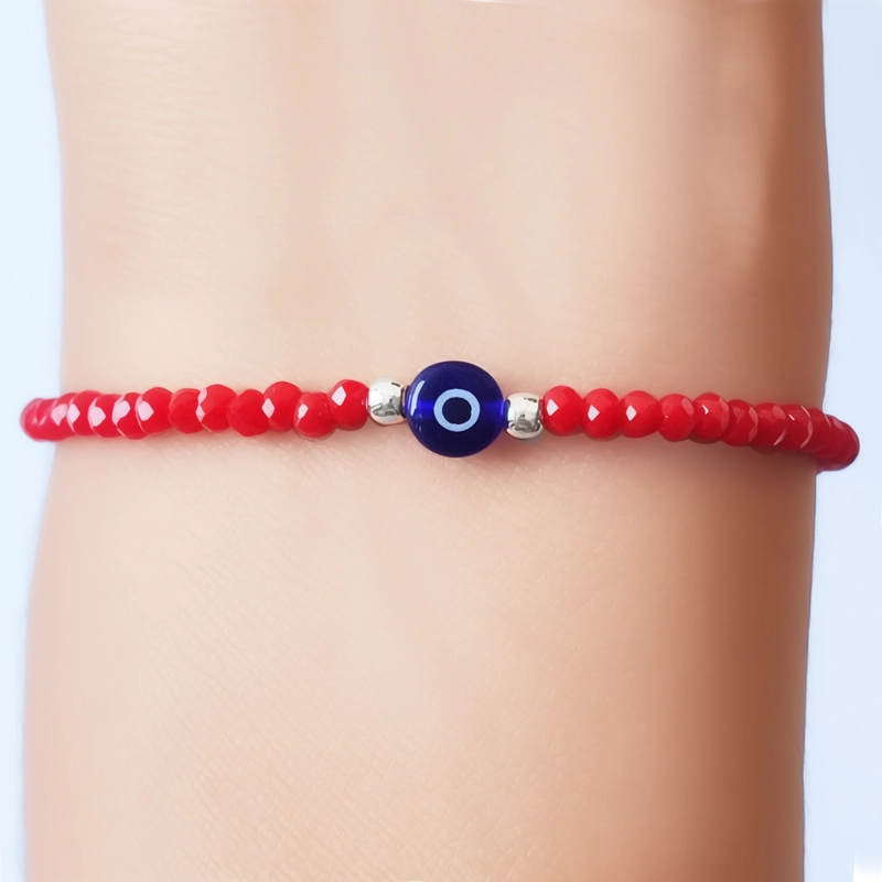 PULSERA OJO TURCO AZUL CRISTAL EN COLOR ROJO PLATA FINA 925 - 3