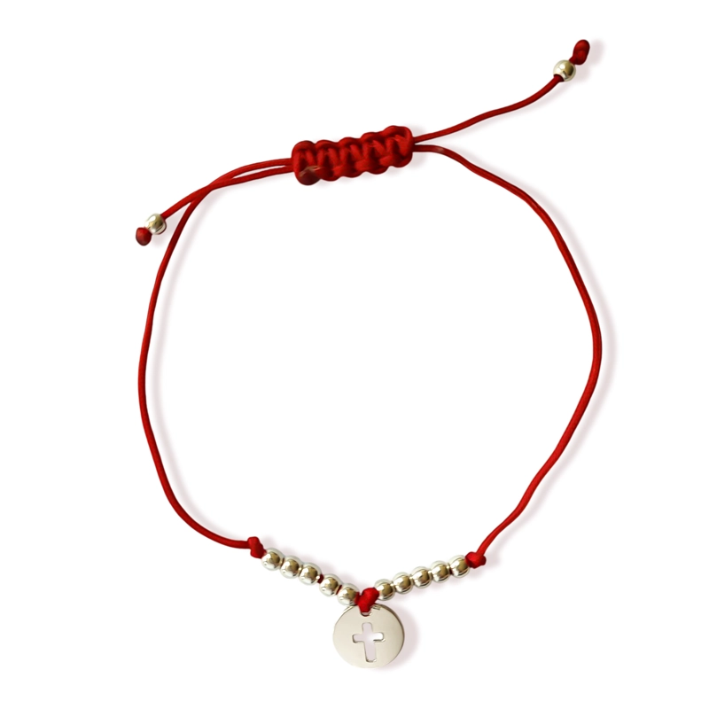 PULSERA CÍRCULO CRUZ BOLITA PLATA FINA 925 CORDÓN EN COLOR ROJO - 1
